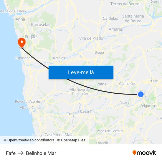 Fafe to Belinho e Mar map