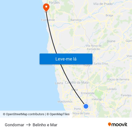 Gondomar to Belinho e Mar map