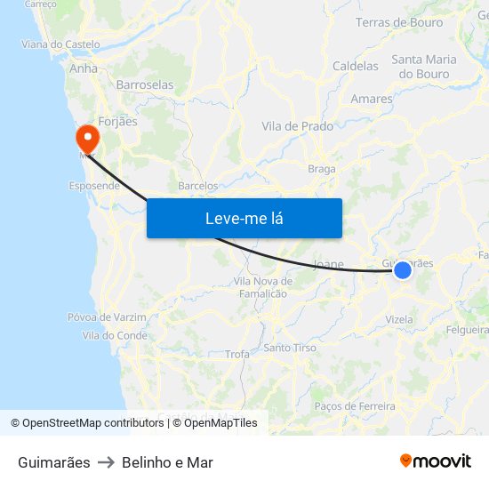 Guimarães to Belinho e Mar map