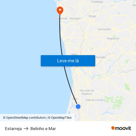 Estarreja to Belinho e Mar map