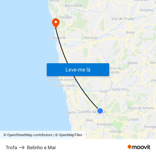 Trofa to Belinho e Mar map