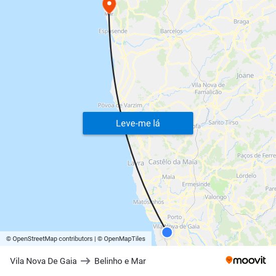 Vila Nova De Gaia to Belinho e Mar map