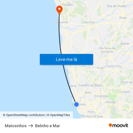 Matosinhos to Belinho e Mar map