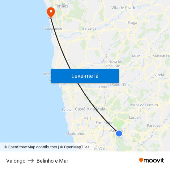 Valongo to Belinho e Mar map