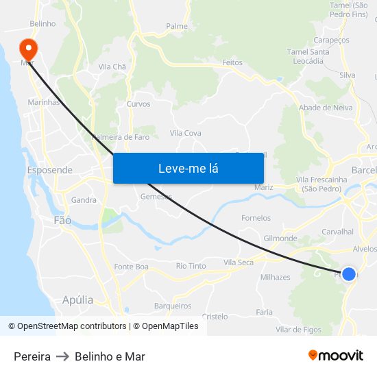 Pereira to Belinho e Mar map