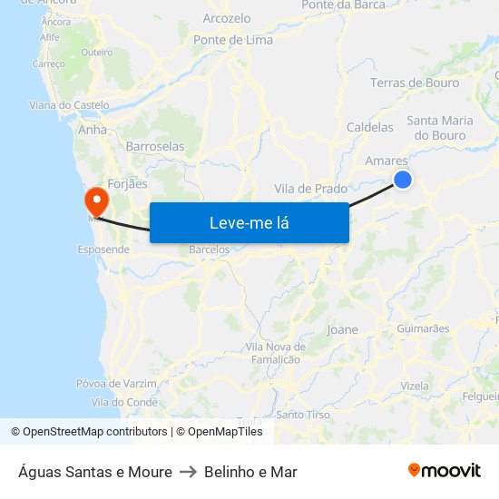 Águas Santas e Moure to Belinho e Mar map