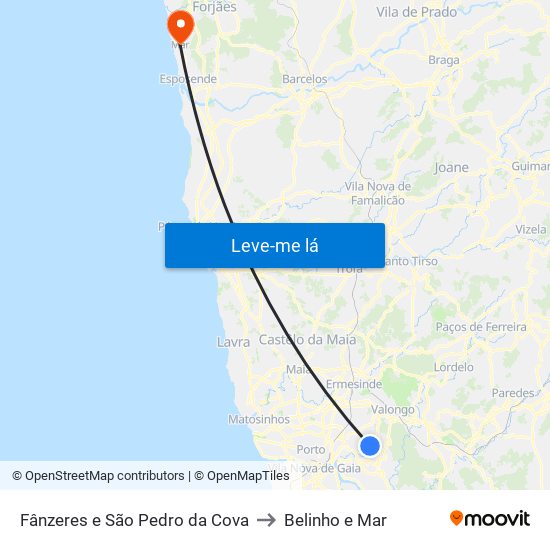 Fânzeres e São Pedro da Cova to Belinho e Mar map