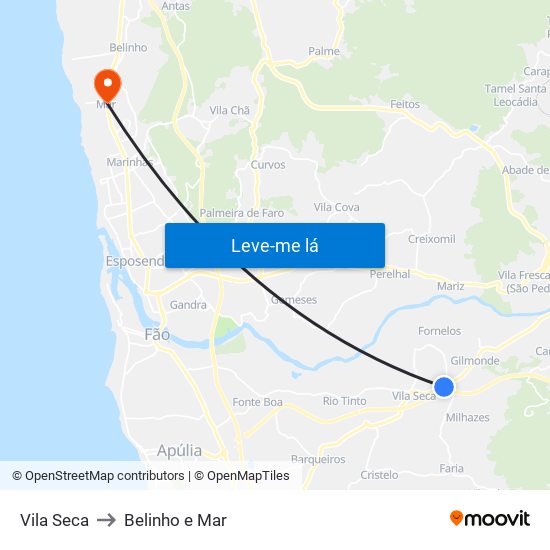 Vila Seca to Belinho e Mar map