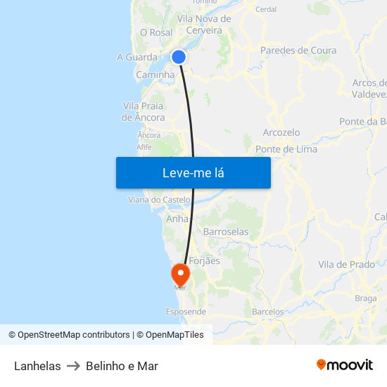 Lanhelas to Belinho e Mar map