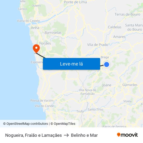 Nogueira, Fraião e Lamaçães to Belinho e Mar map