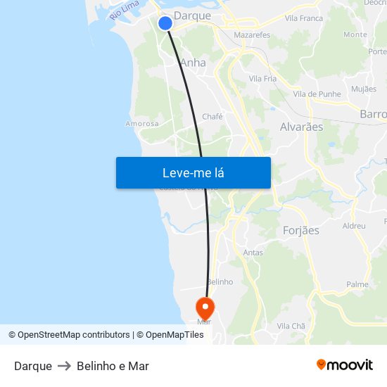 Darque to Belinho e Mar map
