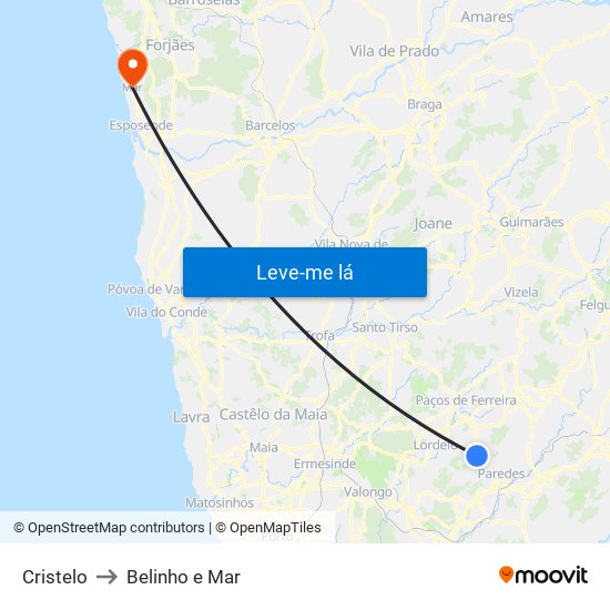 Cristelo to Belinho e Mar map
