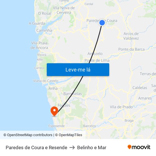 Paredes de Coura e Resende to Belinho e Mar map