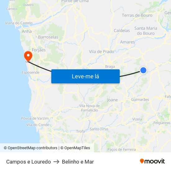Campos e Louredo to Belinho e Mar map