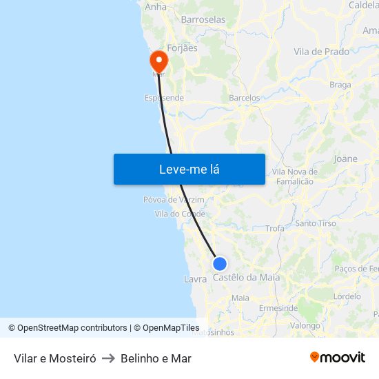 Vilar e Mosteiró to Belinho e Mar map