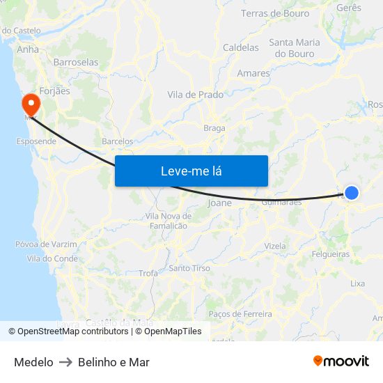 Medelo to Belinho e Mar map