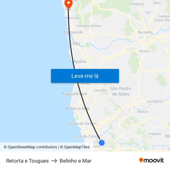 Retorta e Tougues to Belinho e Mar map