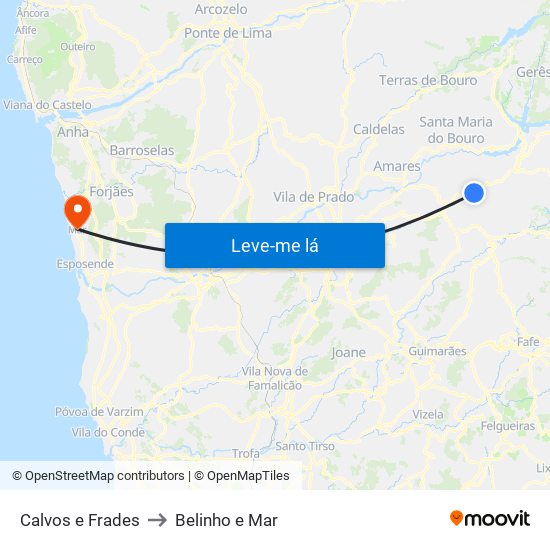 Calvos e Frades to Belinho e Mar map