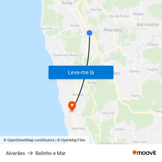 Alvarães to Belinho e Mar map