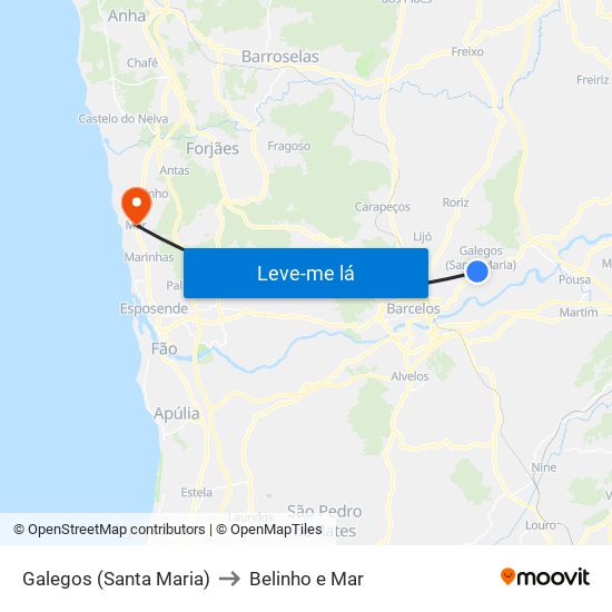 Galegos (Santa Maria) to Belinho e Mar map