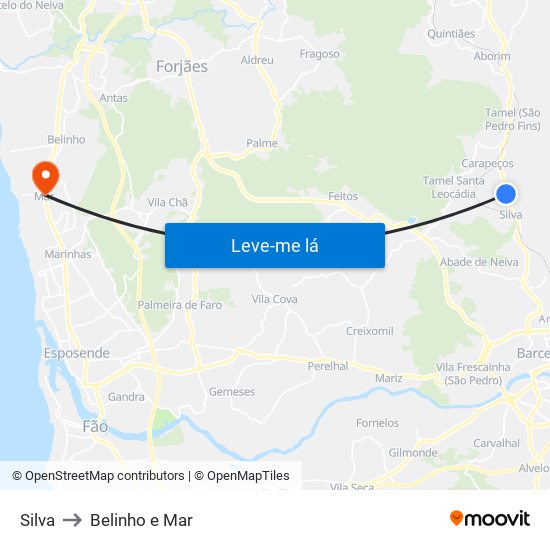 Silva to Belinho e Mar map
