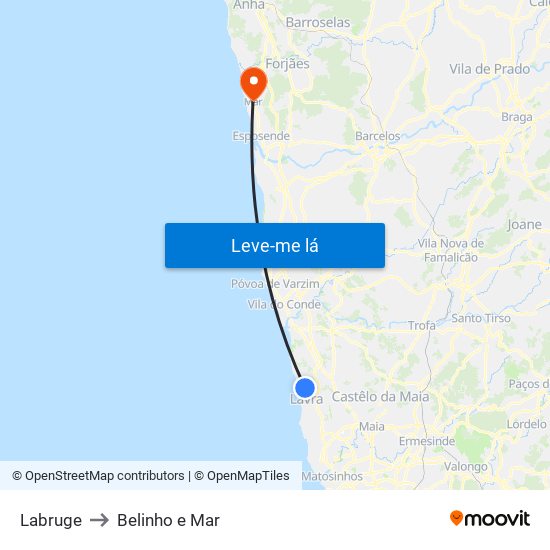 Labruge to Belinho e Mar map