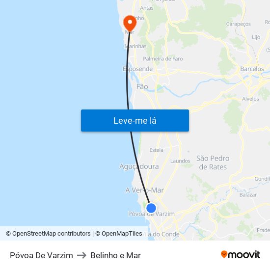 Póvoa De Varzim to Belinho e Mar map