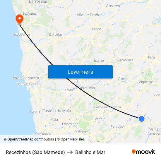 Recezinhos (São Mamede) to Belinho e Mar map