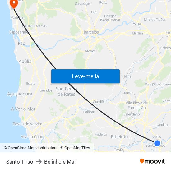 Santo Tirso to Belinho e Mar map