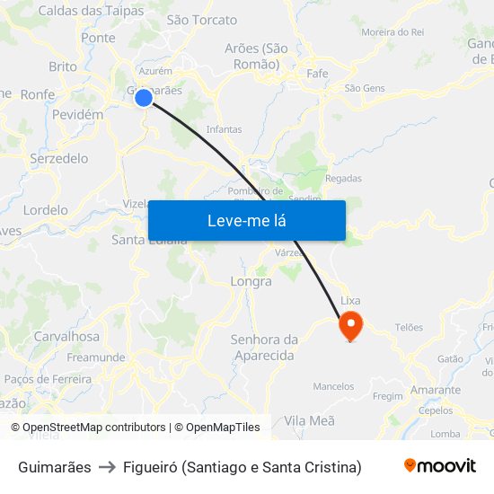 Guimarães to Figueiró (Santiago e Santa Cristina) map