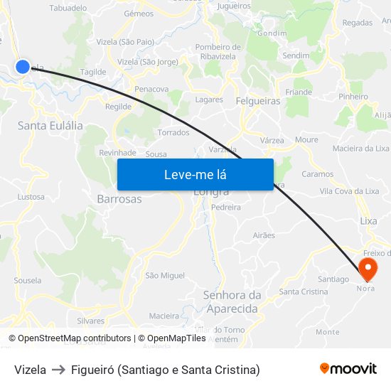 Vizela to Figueiró (Santiago e Santa Cristina) map