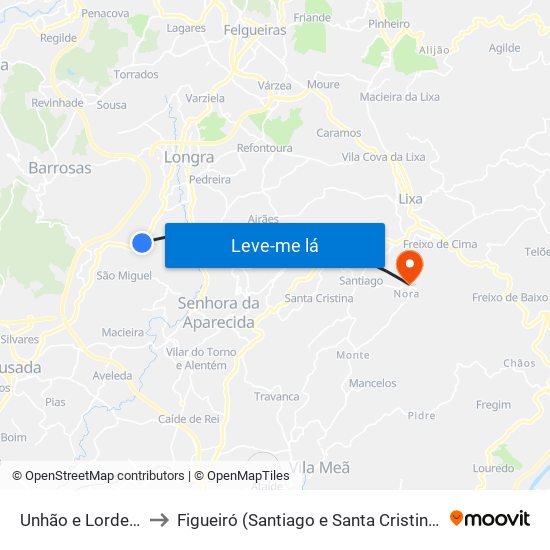 Unhão e Lordelo to Figueiró (Santiago e Santa Cristina) map