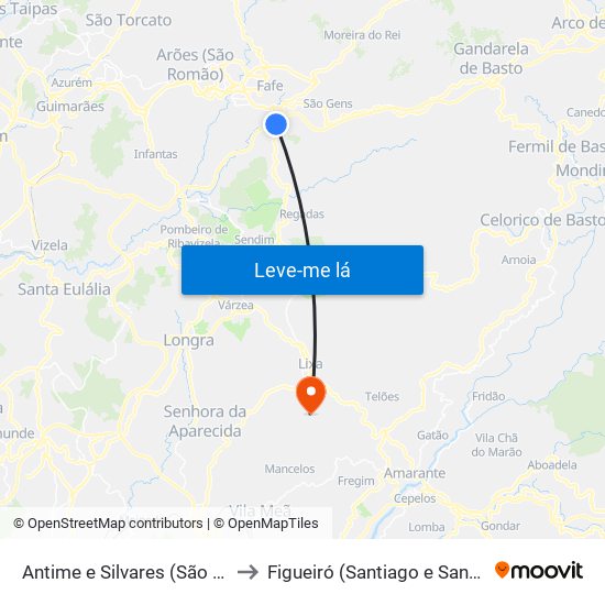 Antime e Silvares (São Clemente) to Figueiró (Santiago e Santa Cristina) map