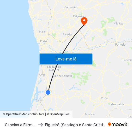 Canelas e Fermelã to Figueiró (Santiago e Santa Cristina) map