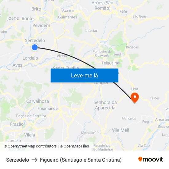 Serzedelo to Figueiró (Santiago e Santa Cristina) map