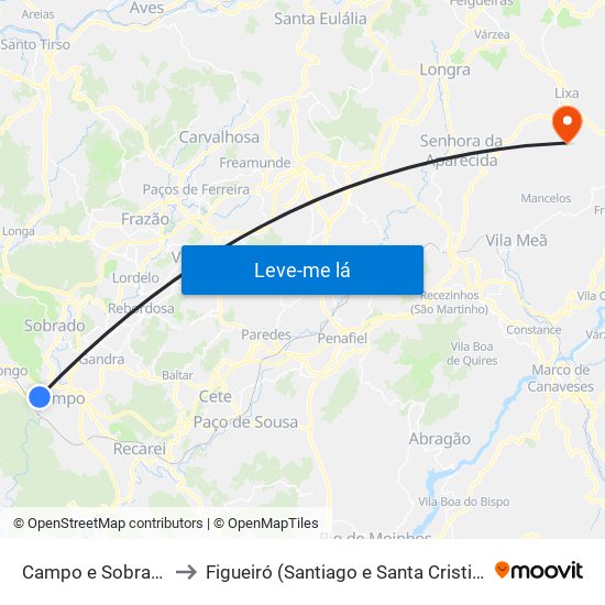 Campo e Sobrado to Figueiró (Santiago e Santa Cristina) map