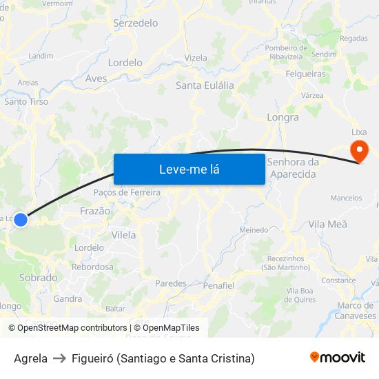 Agrela to Figueiró (Santiago e Santa Cristina) map