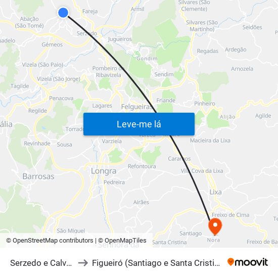 Serzedo e Calvos to Figueiró (Santiago e Santa Cristina) map