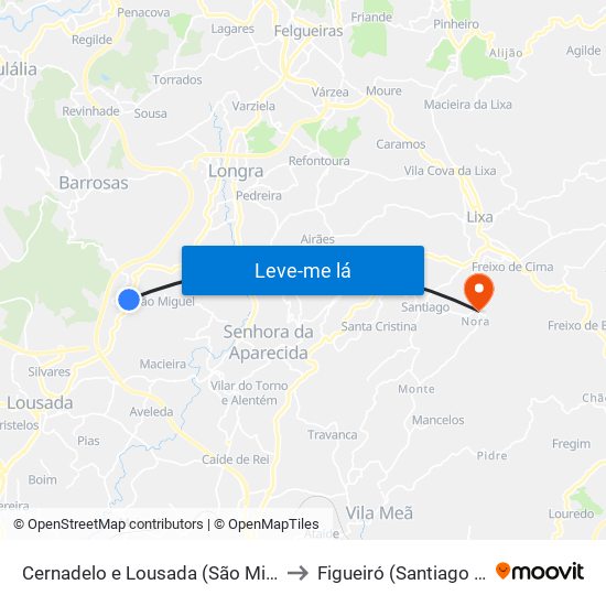 Cernadelo e Lousada (São Miguel e Santa Margarida) to Figueiró (Santiago e Santa Cristina) map