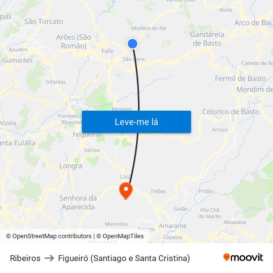 Ribeiros to Figueiró (Santiago e Santa Cristina) map