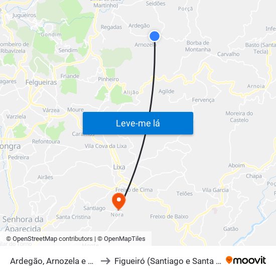 Ardegão, Arnozela e Seidões to Figueiró (Santiago e Santa Cristina) map