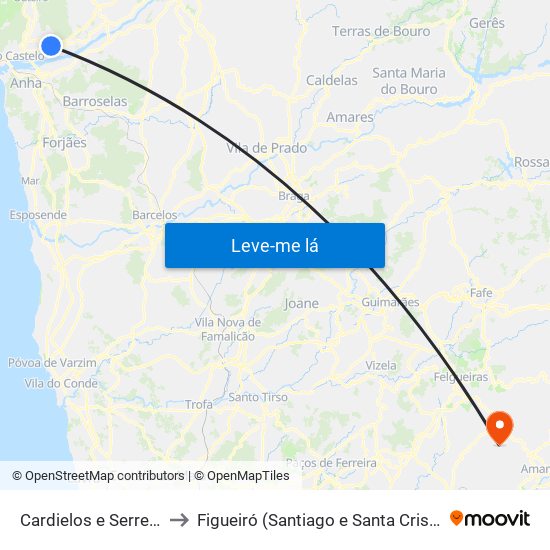 Cardielos e Serreleis to Figueiró (Santiago e Santa Cristina) map