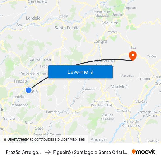 Frazão Arreigada to Figueiró (Santiago e Santa Cristina) map