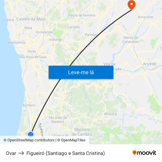 Ovar to Figueiró (Santiago e Santa Cristina) map