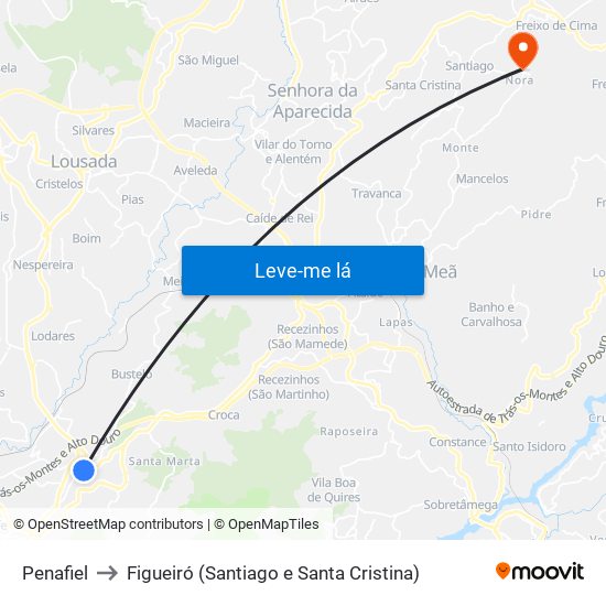 Penafiel to Figueiró (Santiago e Santa Cristina) map