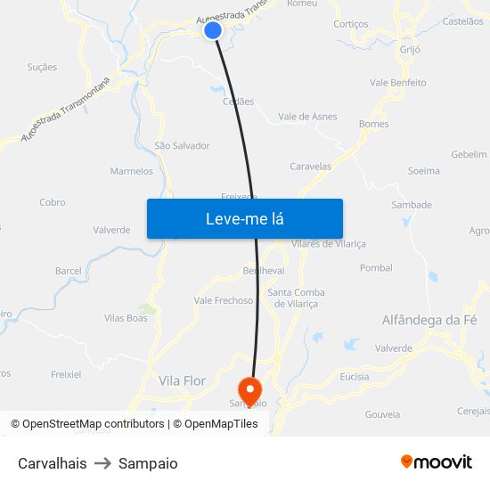Carvalhais to Sampaio map