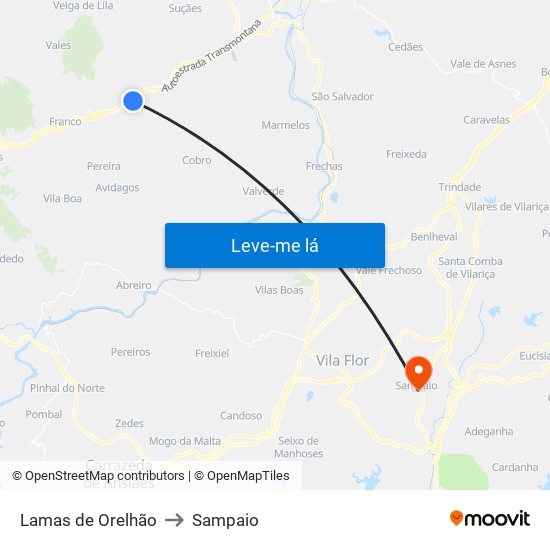 Lamas de Orelhão to Sampaio map