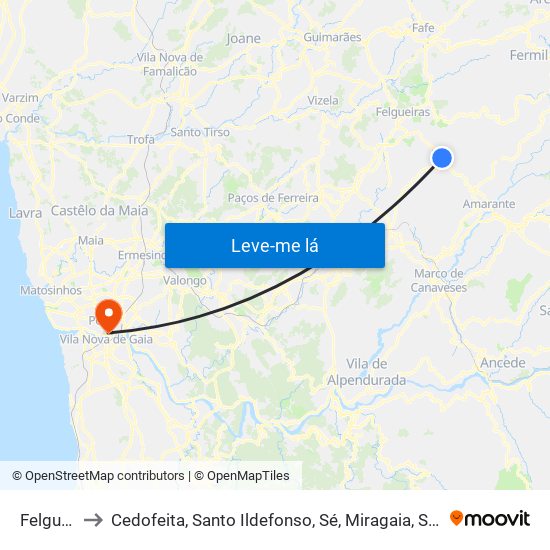 Felgueiras to Cedofeita, Santo Ildefonso, Sé, Miragaia, São Nicolau e Vitória map