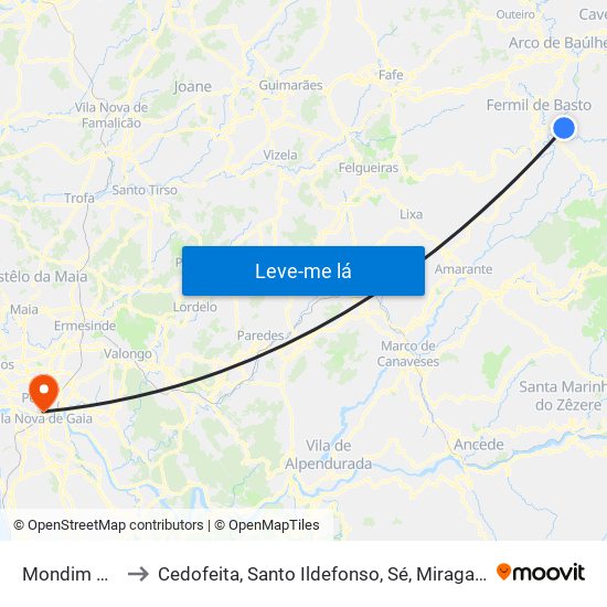 Mondim De Basto to Cedofeita, Santo Ildefonso, Sé, Miragaia, São Nicolau e Vitória map