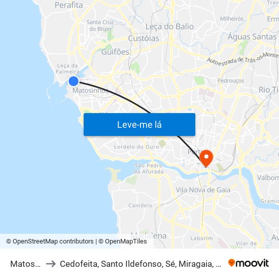 Matosinhos to Cedofeita, Santo Ildefonso, Sé, Miragaia, São Nicolau e Vitória map